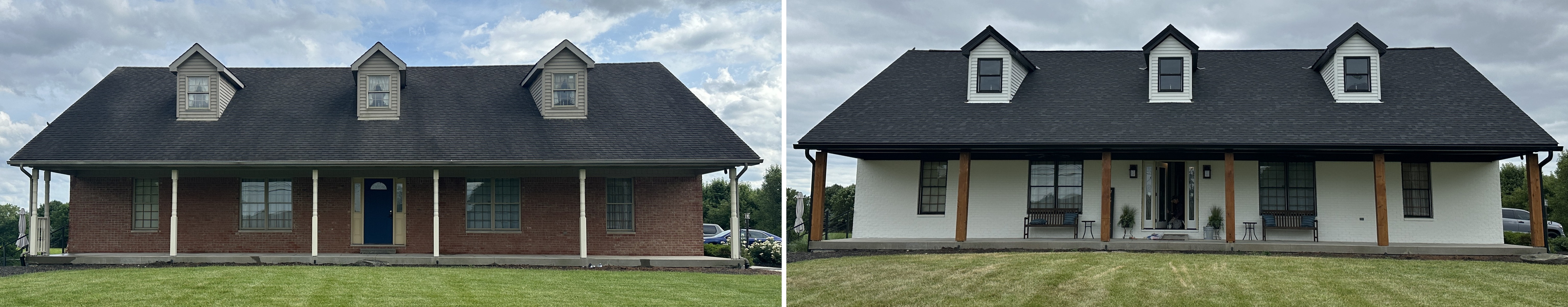 Before and after exterior house painting by UR Painter — brick ranch transformed to white with black trim